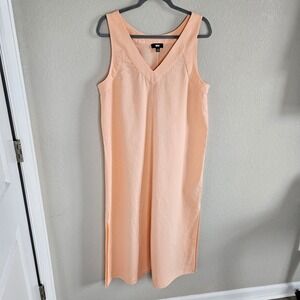 DKNY Woman Size L Linen Blend Maxi Dress Side Slits V Neck Beach Resort Peach